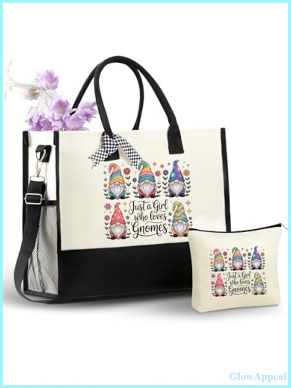 Gnome Tote Bag Set w/ Zipper Poly-Cotton Canvas Makeup Pouch